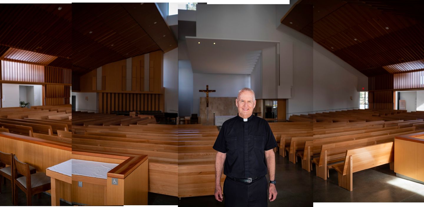 Reverend Monsignor Timothy Nichols poses for a portrait inside the recently re-built St. John Vianney Church in Hacienda Heights.