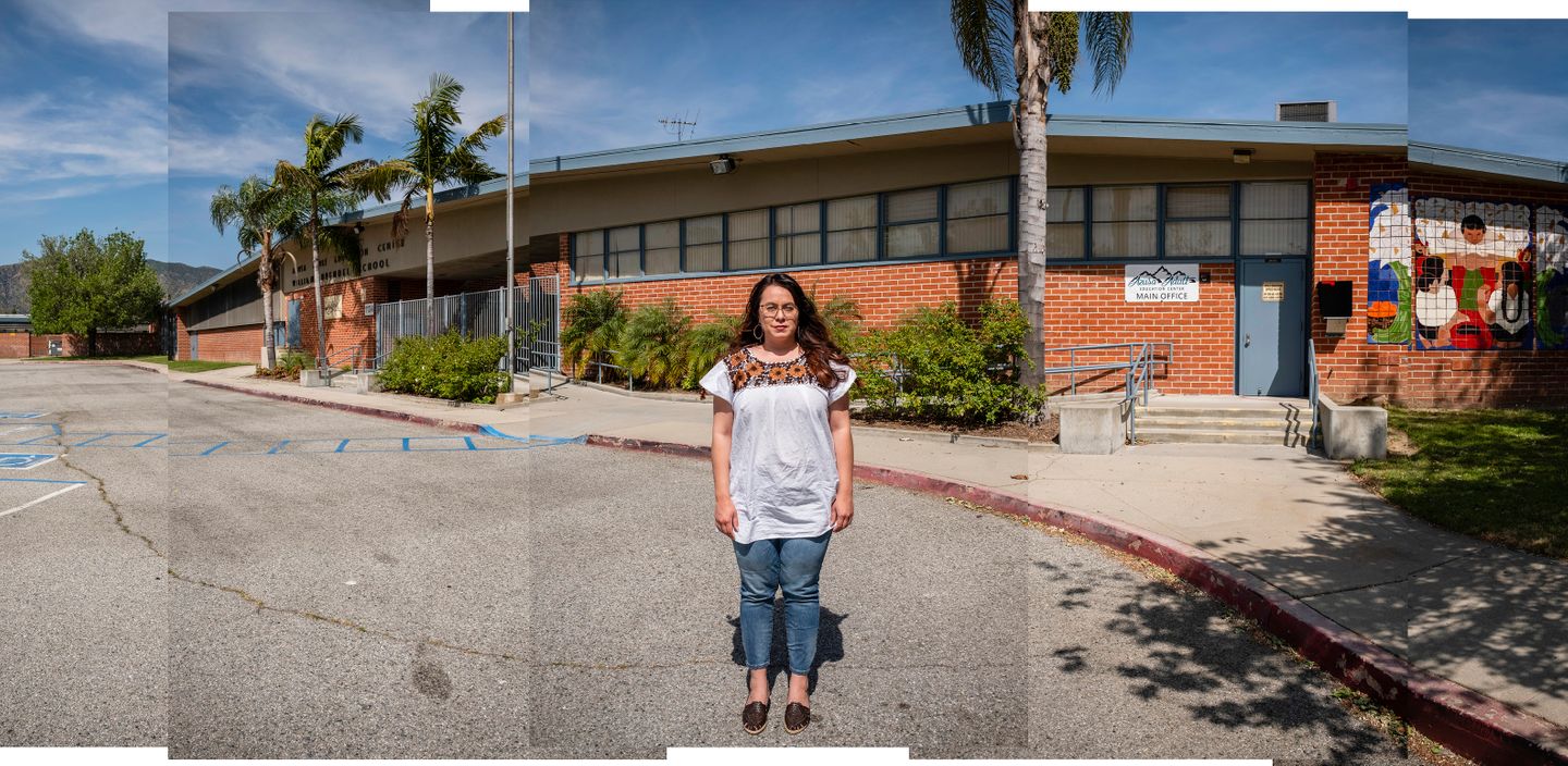 Irene Sánchez, an ethnic studies teacher in the Azusa Unified School District, stands for a portrait in front of the Azusa Adult Education Center.
