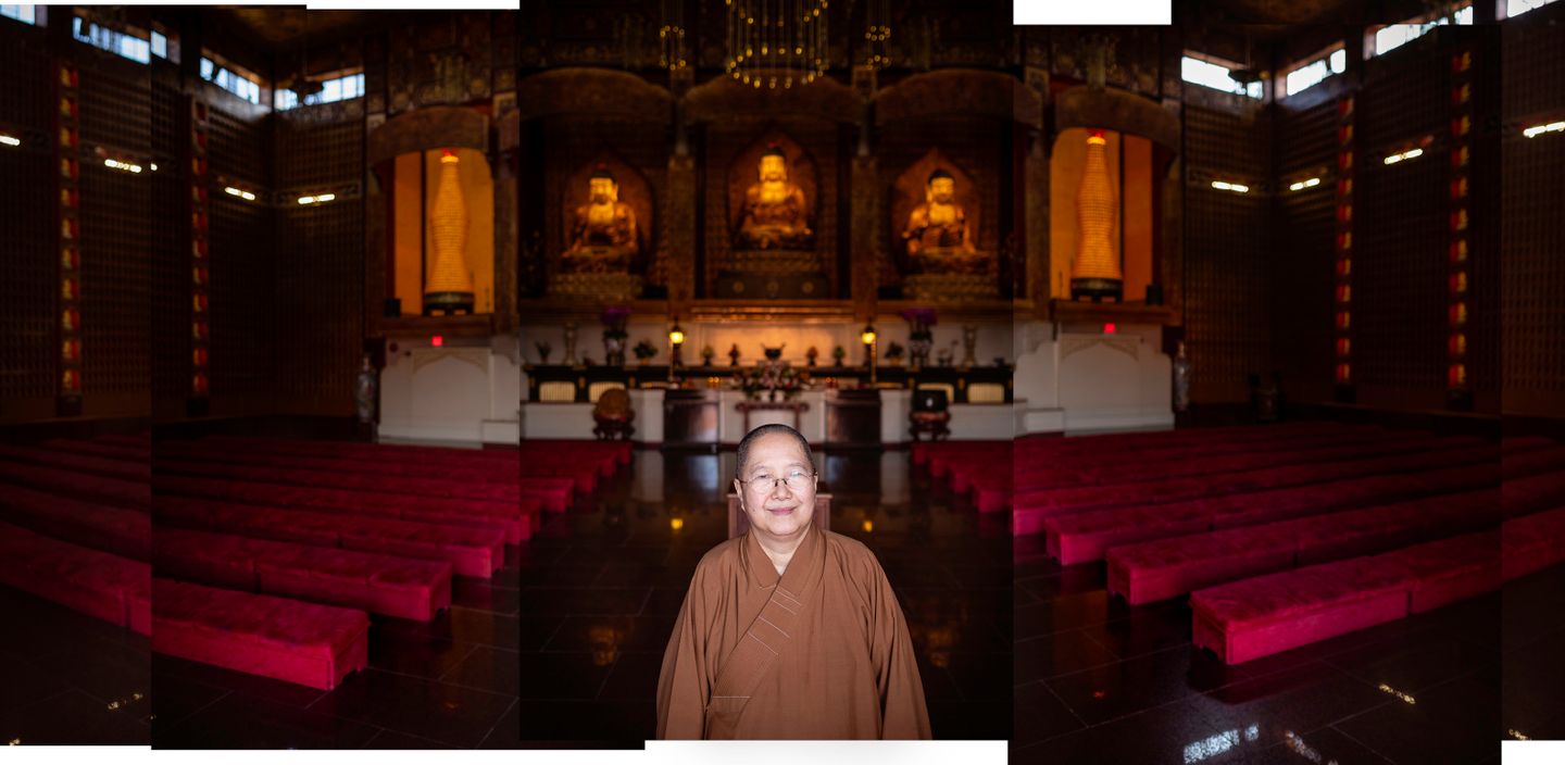 Venerable Miao Hsi poses for a portrait inside the main shrine at Hsi Lai Temple in Hacienda Heights, CA. Hsi Lai is one of the largest Buddhist temples in the western hemisphere.