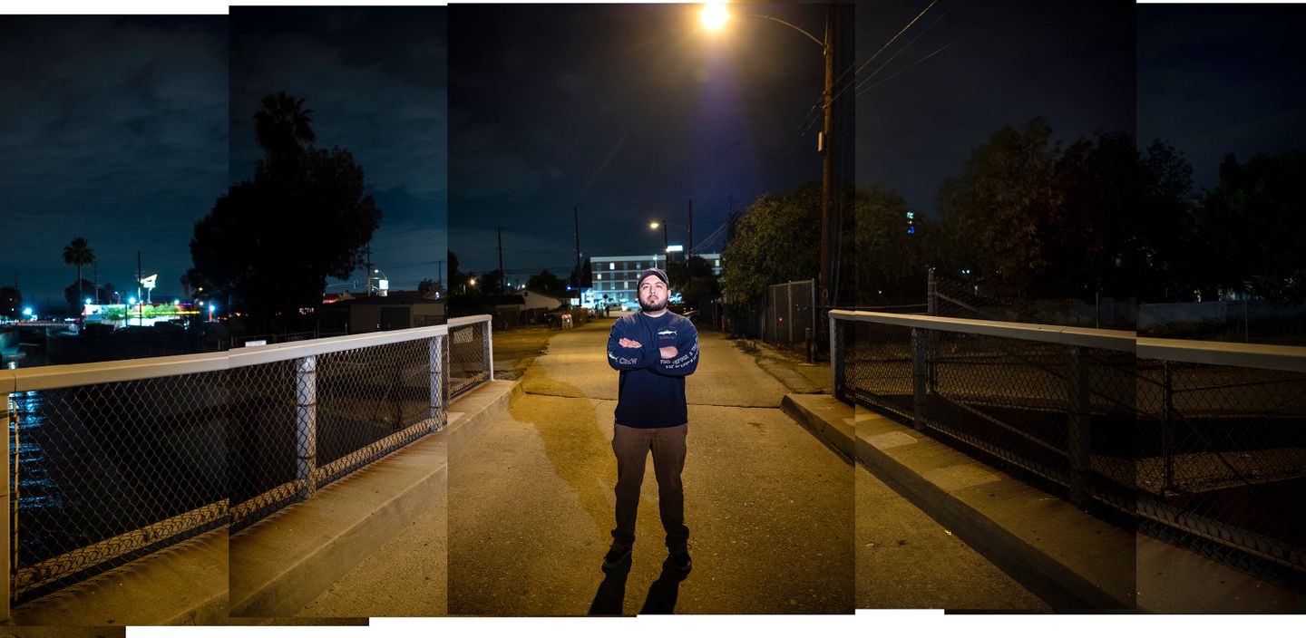 David Pérez is an aspiring city planner who grew up in Azusa, CA. In this image, he is photographed on a bridge near his childhood home, where friends would often gather to hang out.