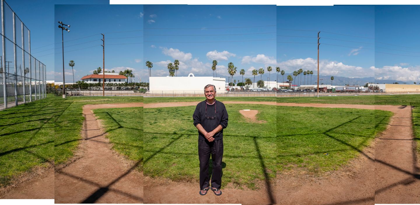 Richard Santillán poses for a portrait at a neighborhood baseball diamond in La Puente, CA. Santillán has dedicated much of his research as an academic to the role of Mexican-Americans in baseball.