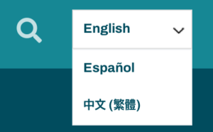 Screenshot of language drop-down menu offering English, Spanish and Chinese