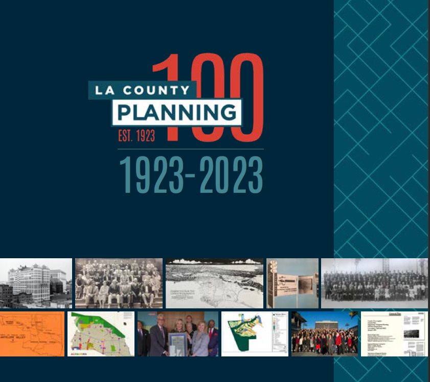 Image of RPC 100th Anniversary Brochure Cover with Anniversary Logo and smaller historical images of Downtown, Commission, staff, and maps