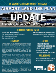Flyer for Airport Land Use Plan update event. The event date is January 15, 2026 6:30pm to 8:00pm