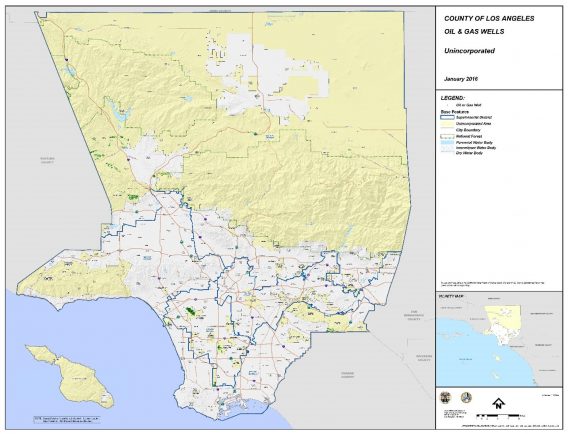 Map of LA County depicting oil and gas wells dated Enero 2016